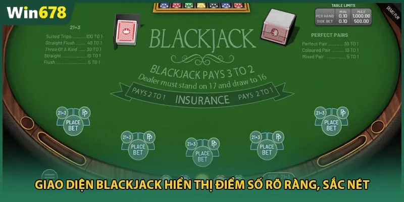 Giao diện Blackjack hiển thị điểm số rõ ràng, sắc nét